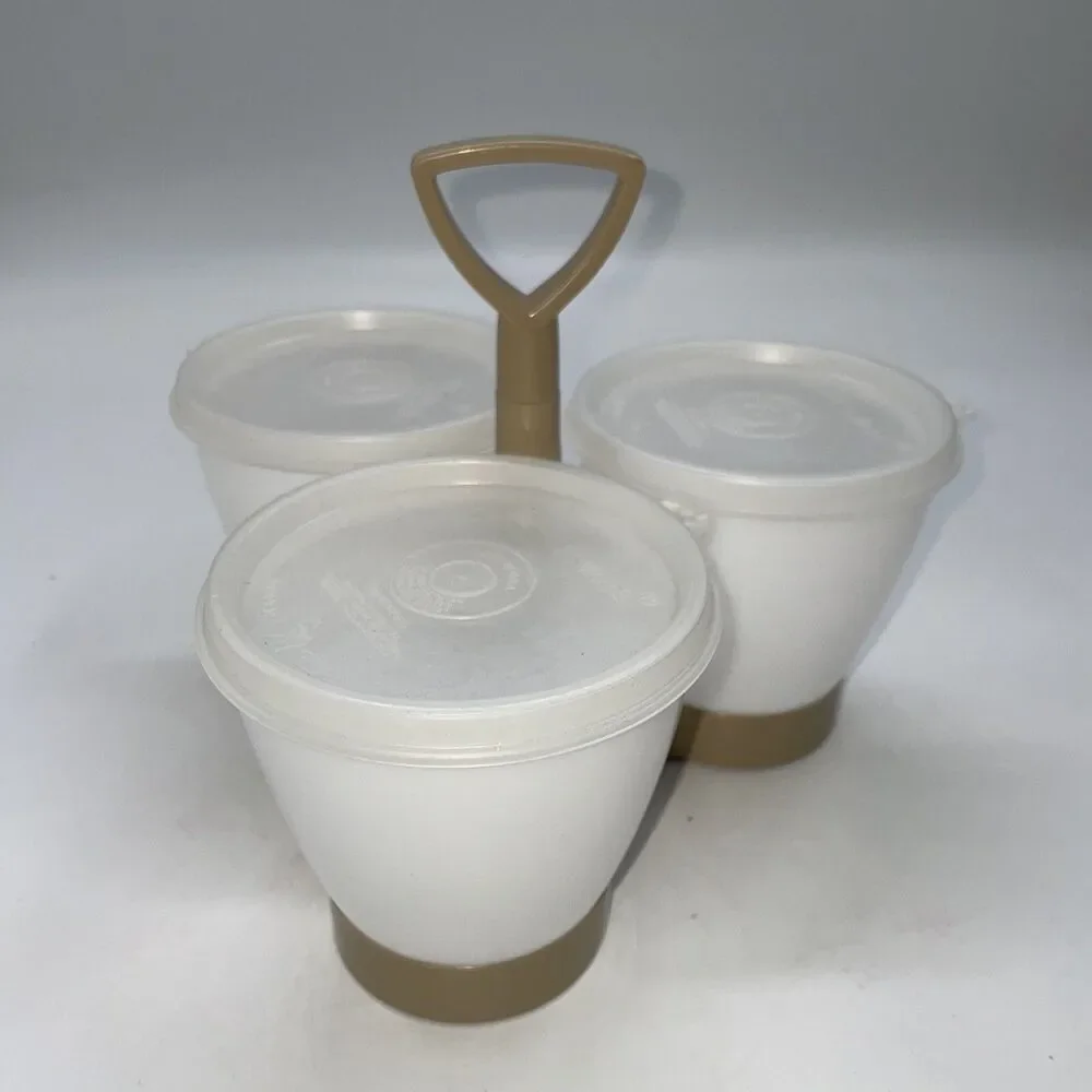 Tupperware Condiment Serving Caddy #757- 4 Taupe White Lids Cups Party Picnic